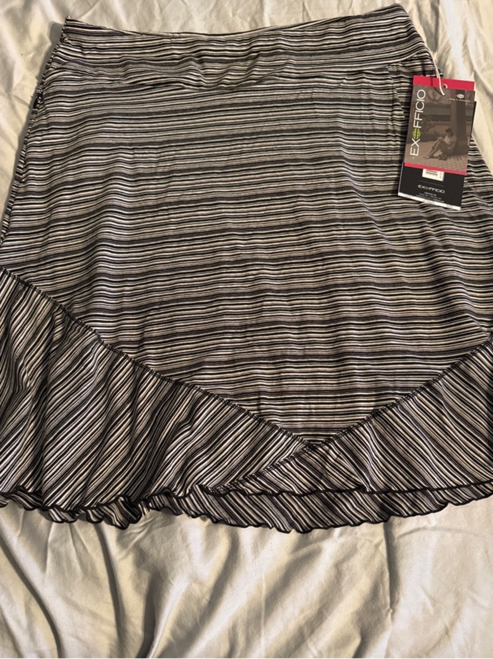 Exofficio Black and White Striped Asymmetrical Ruffle Hem Skirt